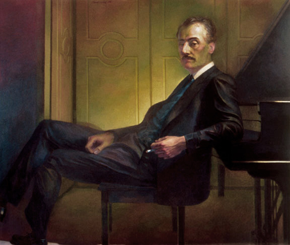 contemporary oil painting of Opera composer Puccini.
