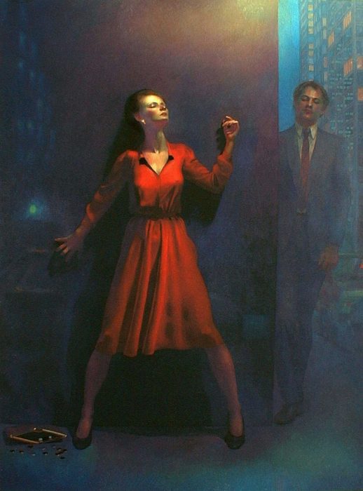 contemporary oil painting of a confrontation of a man and a women at night.