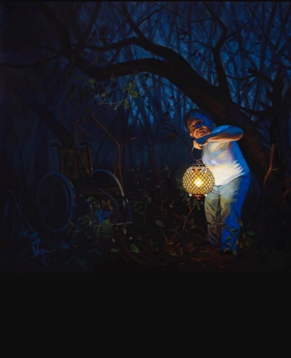 Jon Wos, "Lighting The Darkness" Oil on Canvas 50.5" x 46"