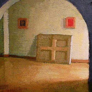 Newberry, Rhodes Hallway, 2001, acrylic on panel, 9x12"