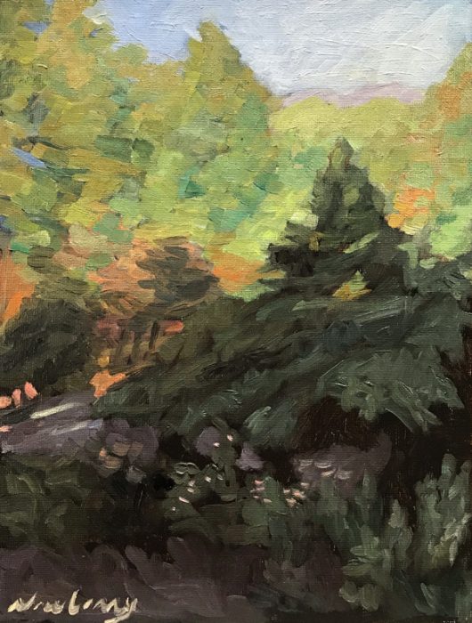 Newberry, Idyllwild Backyard, 2020, oil on panel, 12x9"