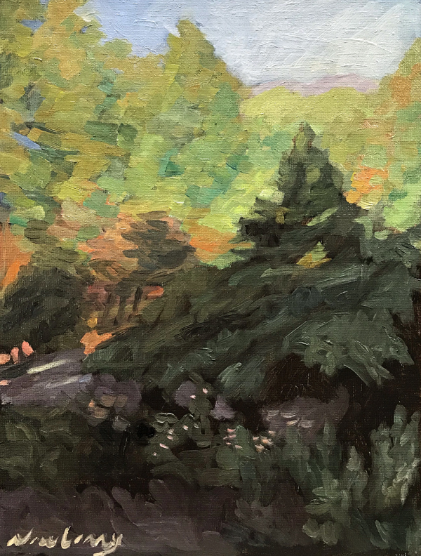 Newberry, Idyllwild Backyard, 2020, oil on panel, 12x9"