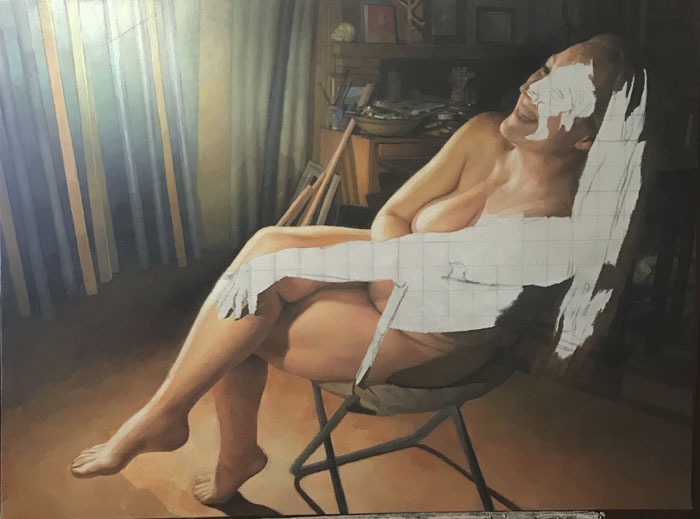 Newberry, wip, model in the studio, Danae?, oil, 42x56 inches