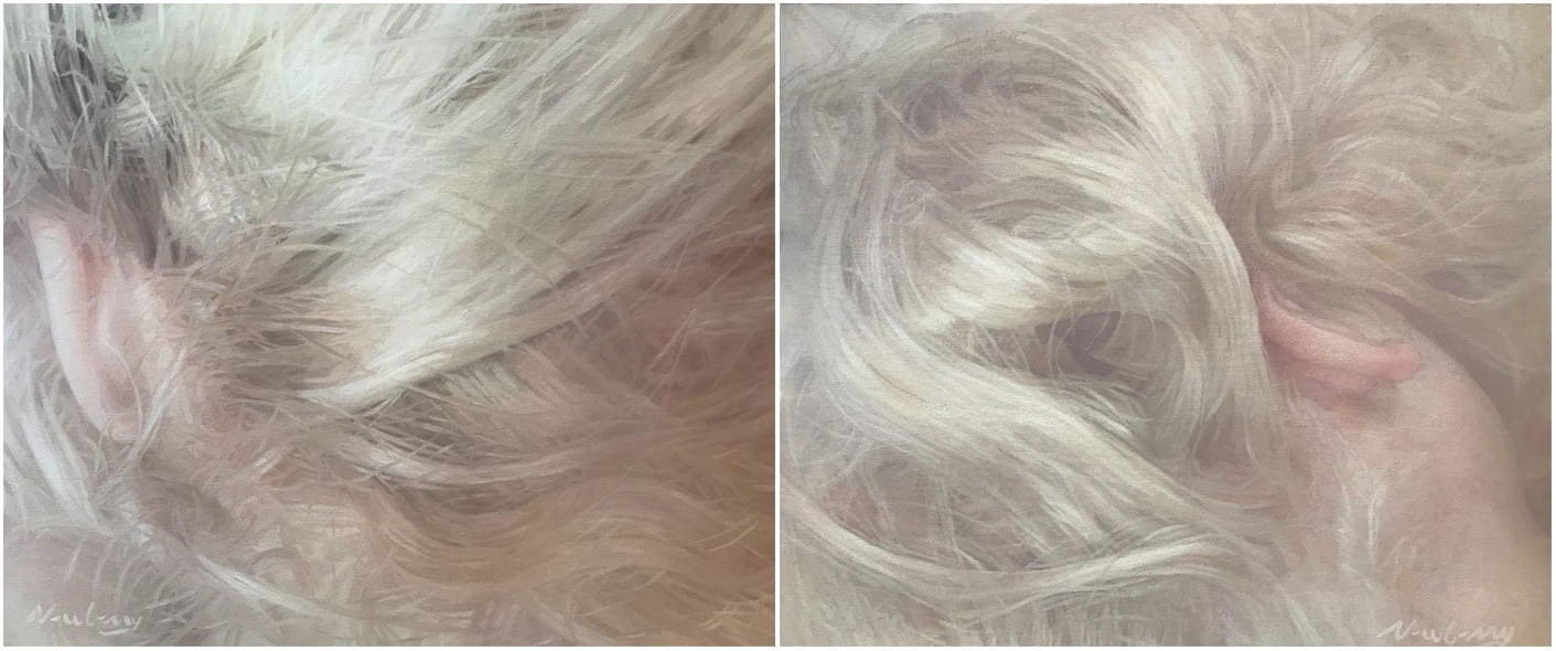 Newberry, Heady Currents: Georgie's Ears, diptych, 2021, oil on canvas, 20x48"