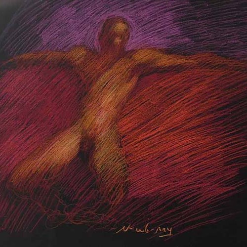 Newberry, pastel figure drawing, male sitting on a red couch