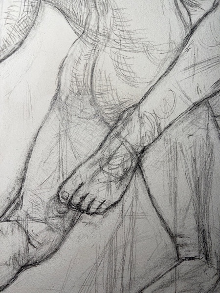 Newberry, graphite study for Creation, her left foot, June 25, 2022