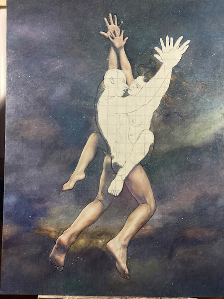 Newberry, Creation, wip, oil on linen, 64x48". July 16, 2022.