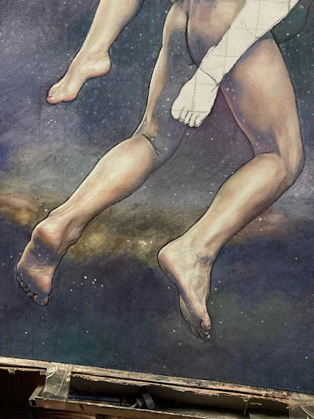 Newberry, Creation, detail, wip, oil on linen, 64x48". July 16, 2022.