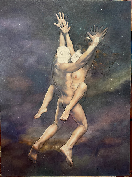 Newberry, Creation, wip, oil on linen, 64x48". July 21, 2022.