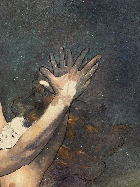 Newberry, Creation, detail hands, wip, oil on linen, 64x48". July 21, 2022.